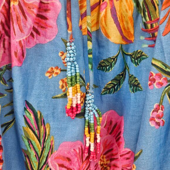 Farm Rio Toucans Garden Blue Floral Puff Sleeve Open Back Midi Dress XS - Picture 11 of 14